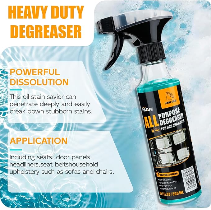 NUAN All Purpose Degreaser for Car and House, Lemon Scent, Heavy-Duty Cleaning Spray, Quick Stain Removal, 10.1 fl oz/300 ml, 2 Pack