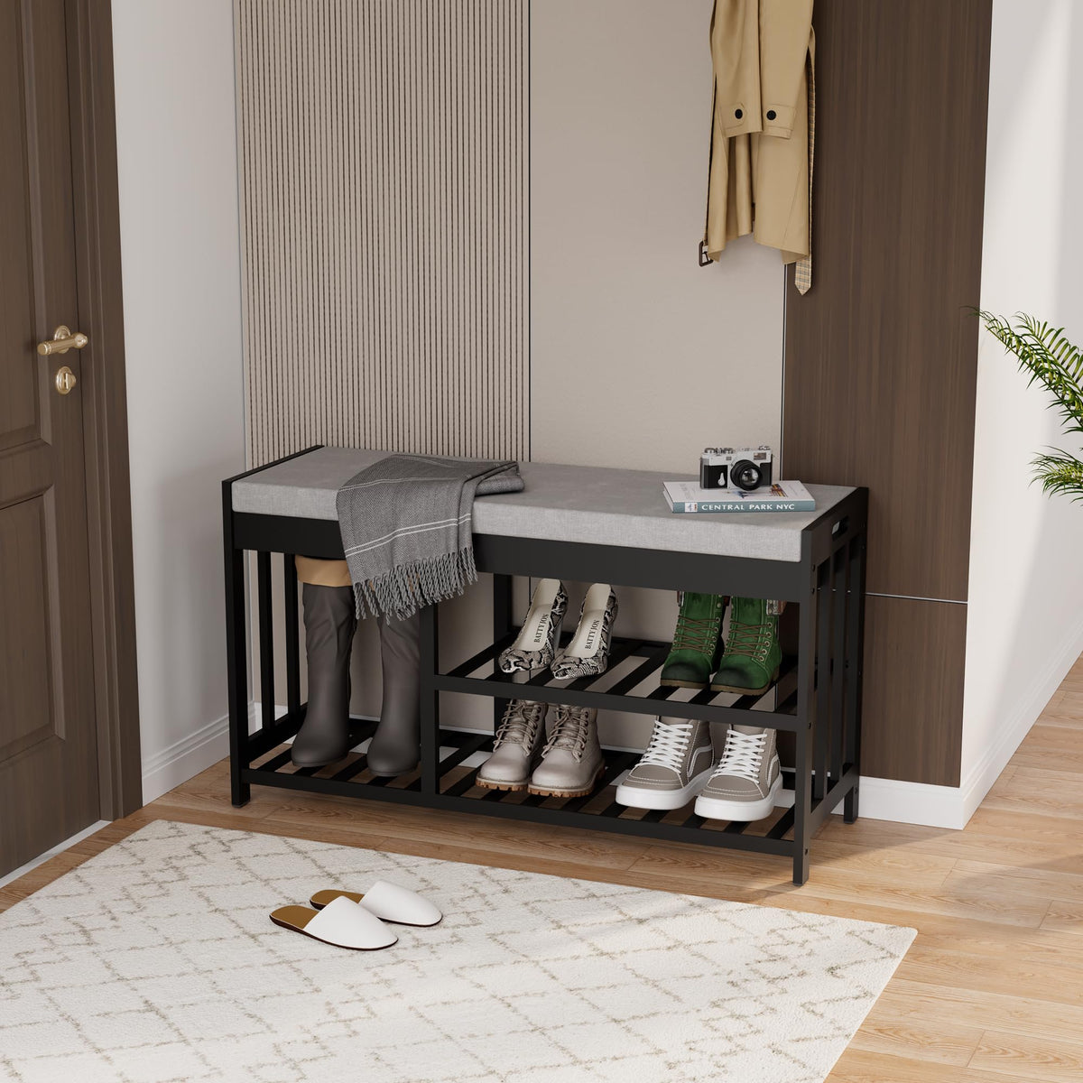 Bamboo Shoe Storage Bench with Cushioned Seat 3-Tier - Image 1