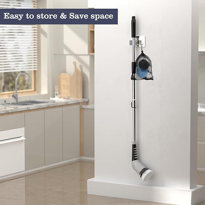 YKYI Electric Spin Scrubber-Cordless Power Scrubber with 8 Brush Heads, 3 Speeds & Adjustable Long Handle, IPX7 Waterproof Shower Cleaning Brush for Bathroom Tile, Bathtub, Grout, Kitchen(Off Grey)