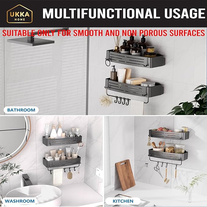 Suction Cup Square Shower Caddy with Hooks and Towel Bar for Bathroom. Aluminum, Reusable, Rustproof, No Drill, No Tools, No Glue. Multifunctional, Hang Towel, Loofah, Sponge (2 Pack, Gray)
