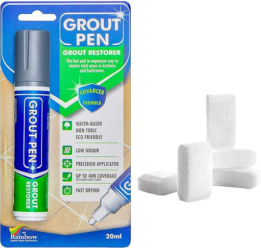 Grout Pen Tile Paint Marker: Grey Wide 15mm with 5 Pack Replacement Tips - Waterproof Grout Colorant and Sealer Pen to Renew, Repair, and Refresh Tile Grout - Cleaner Coating Stain Pens