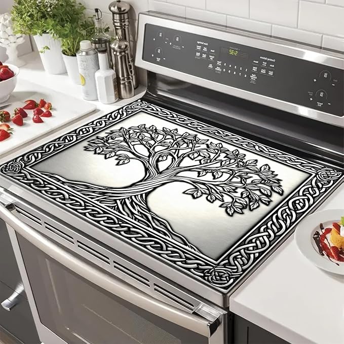 Tree of Life Stove Top Cover for Electric Stove Silver Embossed Celtic Design Dish Drying Mat 28x20 Inch Decorative Kitchen Protector Fit Under Coffee Maker