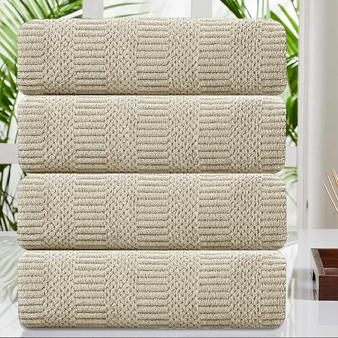 Oliven 4 Pcs Camel Large Bath Towel Set 35"x70" Extra Large Bath Sheets Oversized Jumbo Towels for Bathroom 600GSM Soft Highly Absorbent Quick Dry Beach Chair Towel Woven Towels for Hotel and Spa
