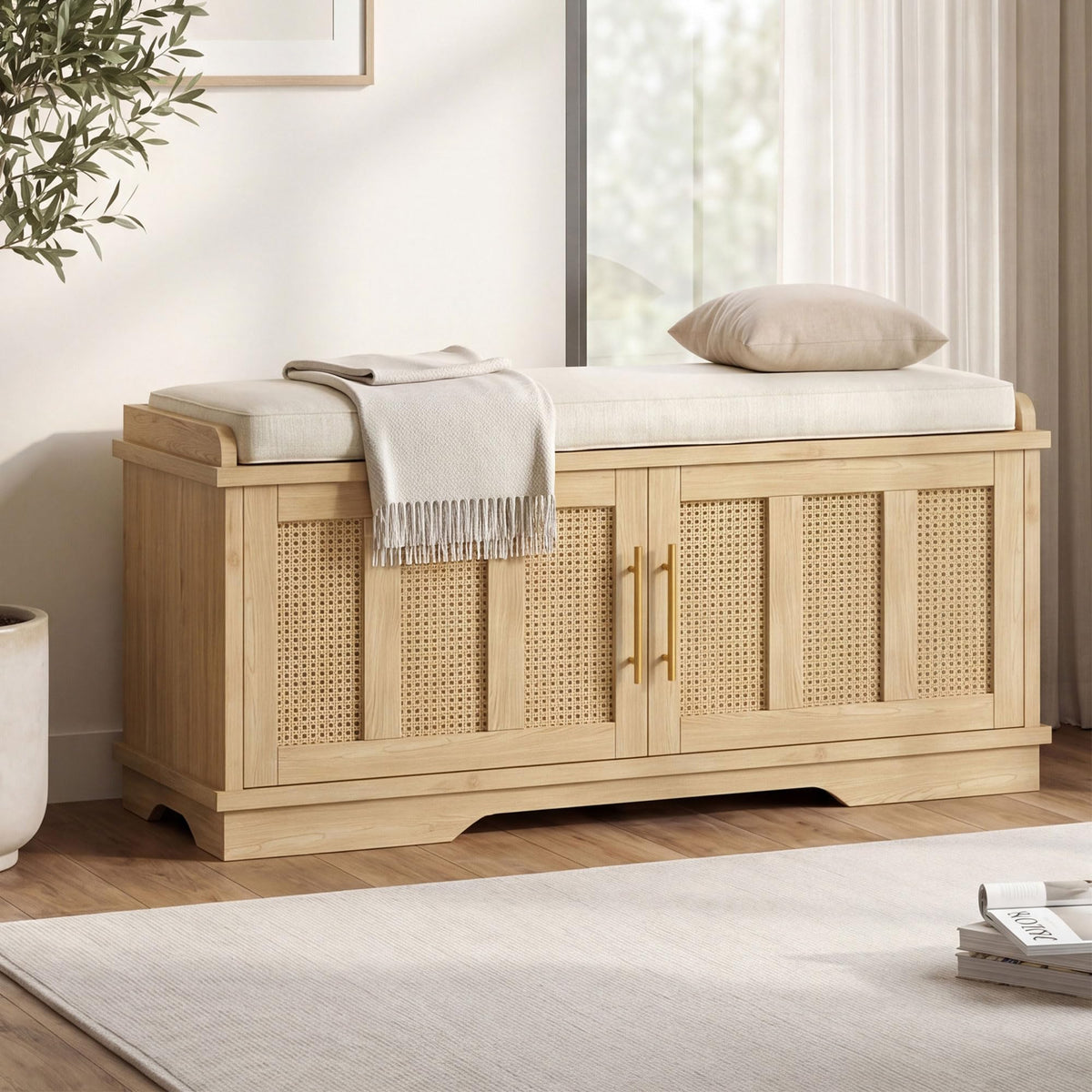 Heybly Shoe Cabinet with Bench, Rattan Storage Bench with Cushion - Image 1