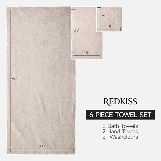 REDKISS Towel Set of 6 - Oversized Bath Sheets (70 x35 in), 670GSM Ultra Soft & Highly Absorbent, Quick Dry Beige Bath Towel Sets for Bathroom, Spa, Hotel, Gym