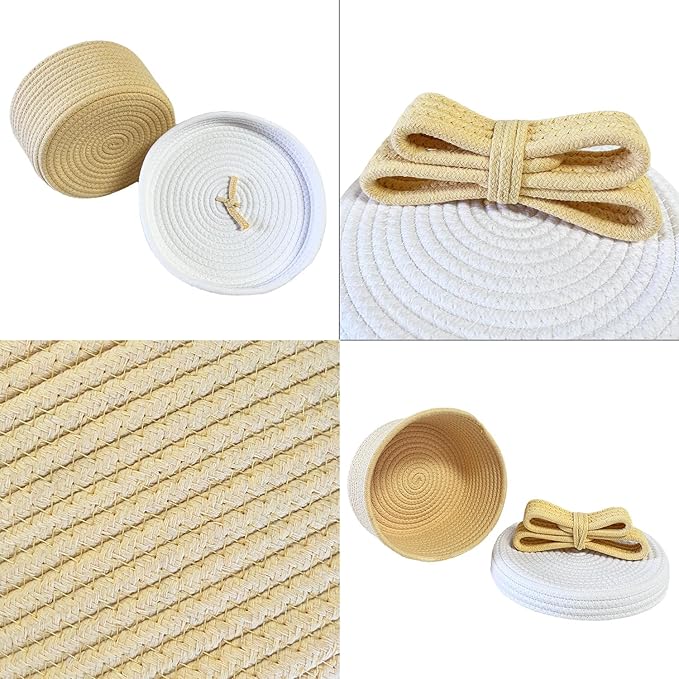 Cute Storage Baskets with Lids, Small Round Woven Rope Basket with Lid, Small Toy Box for Kids, Cat or Dog, Cute Basket for Gift, Toy or Home Decor, Chic Bow Handle (yellow)