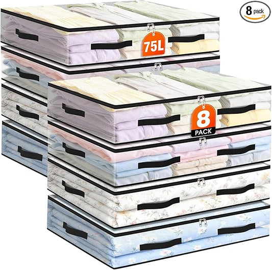 8 Pack Under Bed Storage Bags, 75L Foldable Clear Storage Containers with Handles, Dual Zippers for Comforter, Clothes, Bedding, Linen Sheets, Sweaters, Blanket Storage