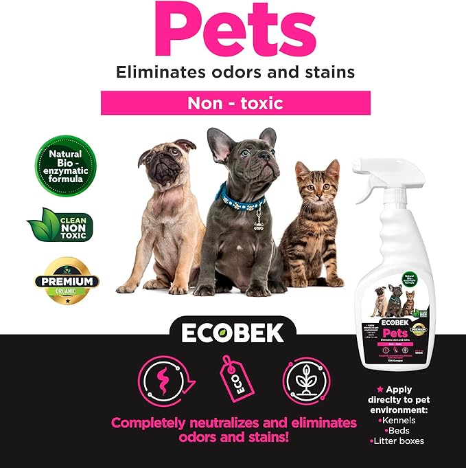 PETS. Stain & Odor Eliminator, 23oz Enzymatic action, for Cats & Dog urine, Ecological solution.