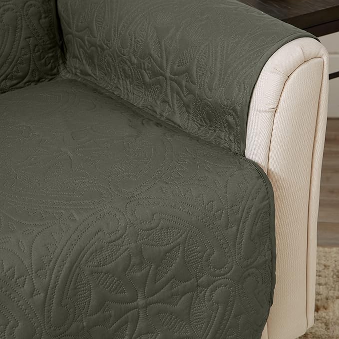 Reversible Loveseat Cover - Washable Slipcover Furniture Protector with Elastic Straps - Couch Cover for Dogs, Kids, and Pets - Quilted & Stitched Detail (Loveseat, Sage Green / Light Gray)