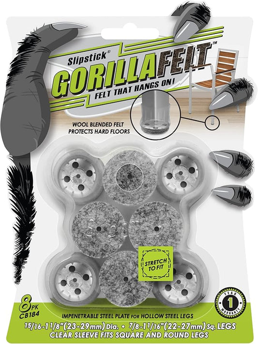 Slipstick GorillaFelt Chair Leg Floor Protectors for Hardwood Floors, Clear Sleeve Felt Pads for Furniture That Stay On, Fits Round & Square Legs, Includes 8 Premium Transparent Chair Socks, CB184
