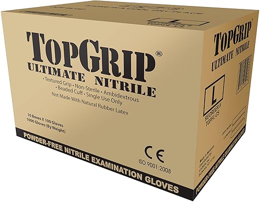 TopGrip Nitrile Exam Gloves, 6 Mil, Disposable, Powder Free, Textured, Case/1000, Large