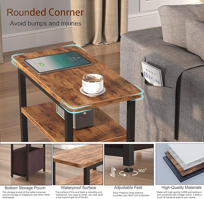 Narrow Side Table Set of 2, Skinny End Tables with Fabric Basket, Small Side Tables for Small Space,2-Tier Open Shelves with Basket, Slim Nightstands Set 2 for Bedroom,Livinroom, Rustic Brown