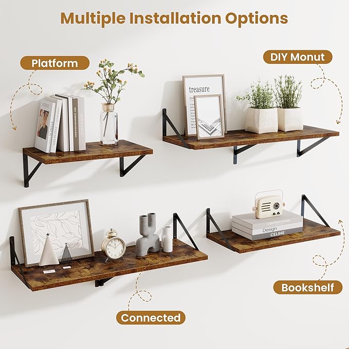 Floating Shelves for Wall,18" Wall Mounted Shelves Set of 2,Wood Floating Shelf with Bracket,Sturdy Metal Bracket Bookshelves Home Decor Storage for Living Room,Bedroom,Bathroom,Kitchen,Rustic Brown