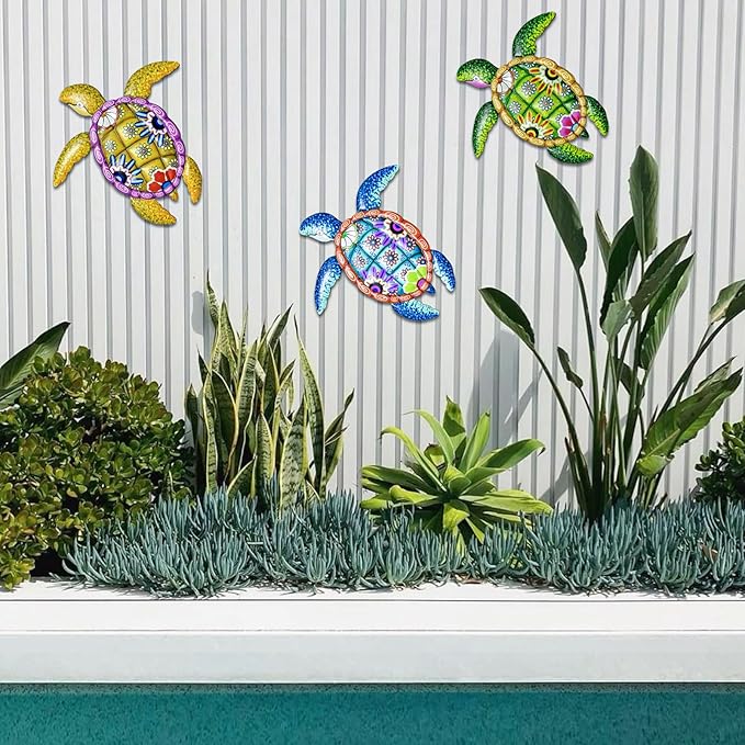 WHBIMGOOO Metal Sea Turtle Wall art Decor，Beach/Ocean/Nautical Theme Outdoor wall decor，Decorations for Garden Backyard Pool Patio Balcony Kitchen or Bathroom (3 Pack)
