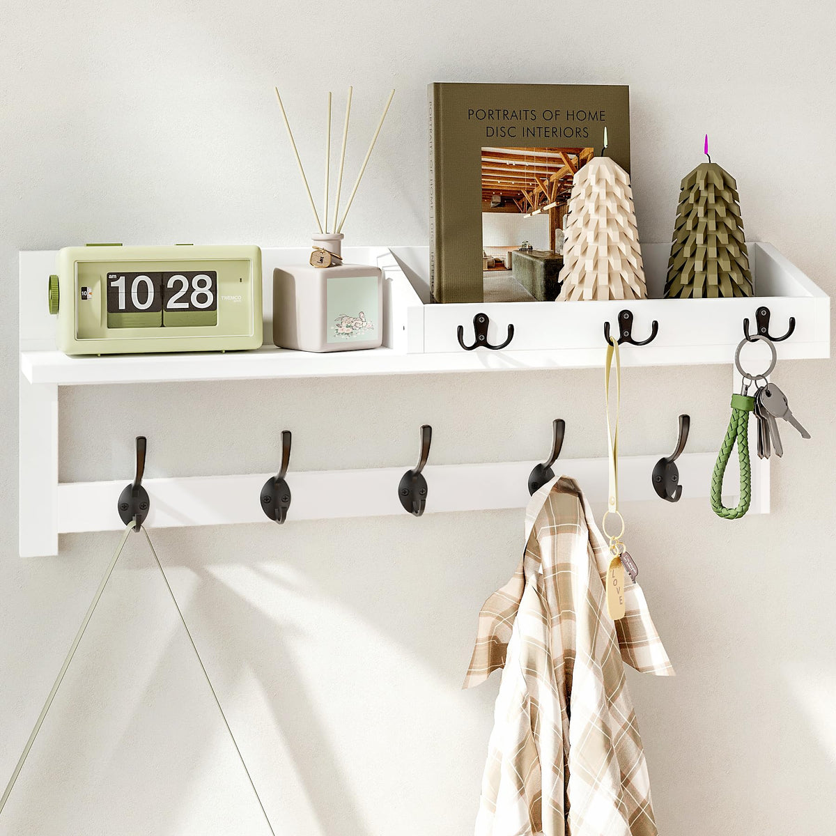 Wall Hooks with Shelf, 26.57 Inch Entryway Wood Coat Hooks - Image 1