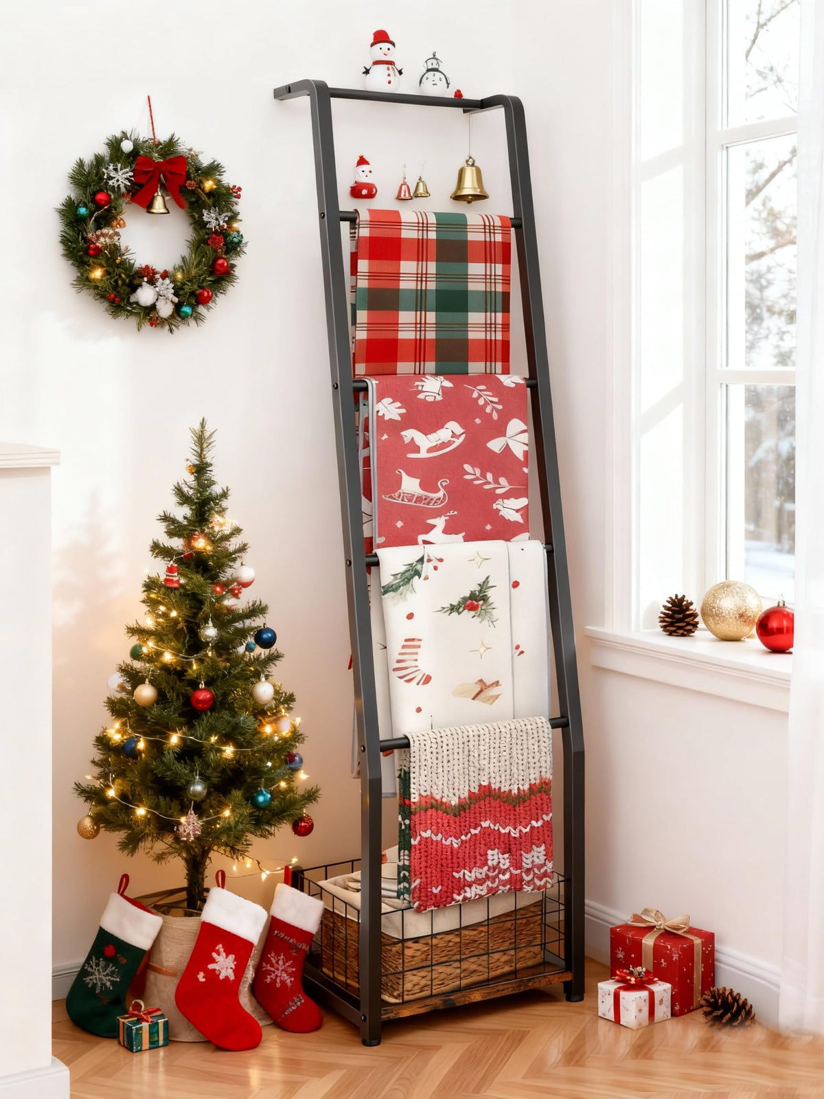 6.3ft Blanket Ladder with Storage Basket, 5 Tier | Home Organization - Image 1