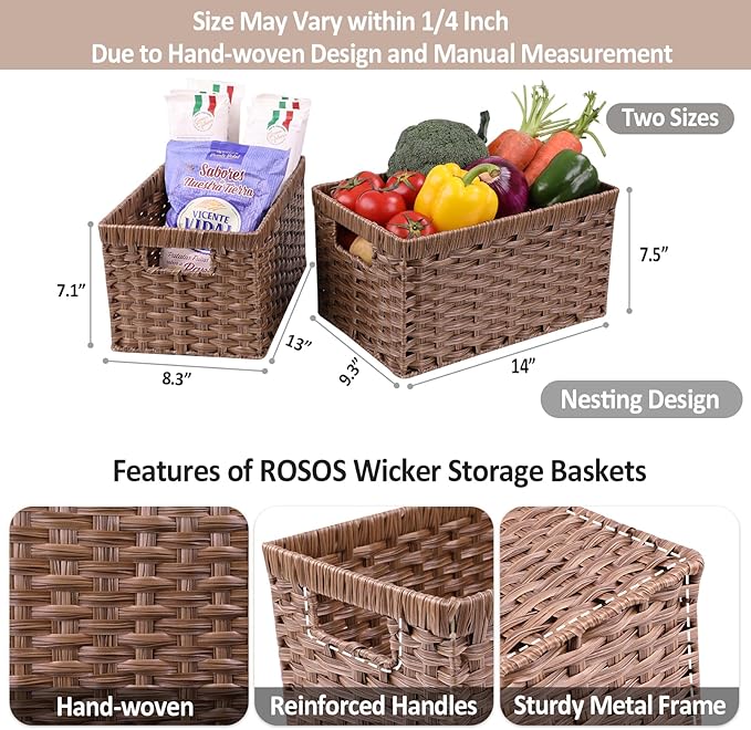 Wicker Baskets 2 Pack, Rectangular Wicker Storage Basket with Handles, Waterproof Plastic Large Baskets for Organizing, Nesting Hand-Woven Storage Baskets for Pantry Storage