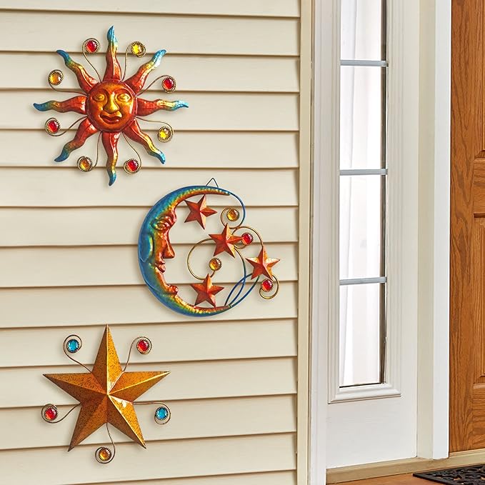 Limygus Metal Wall Art Sculpture, Set of 3 - Celestial Wall Decoration - Sun Moon Star Decorative Silhouette - Waterproof Wall Hanging Decor for Home Office, Bedroom, Bathroom, Living Room