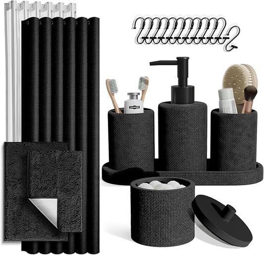 Clara Clark Black Bathroom Set - Bathroom Sets with Shower Curtain and Rugs, 21PC Bathroom Accessory Set, Shower Curtain Set with Soap Dispenser & Toothbrush Holder