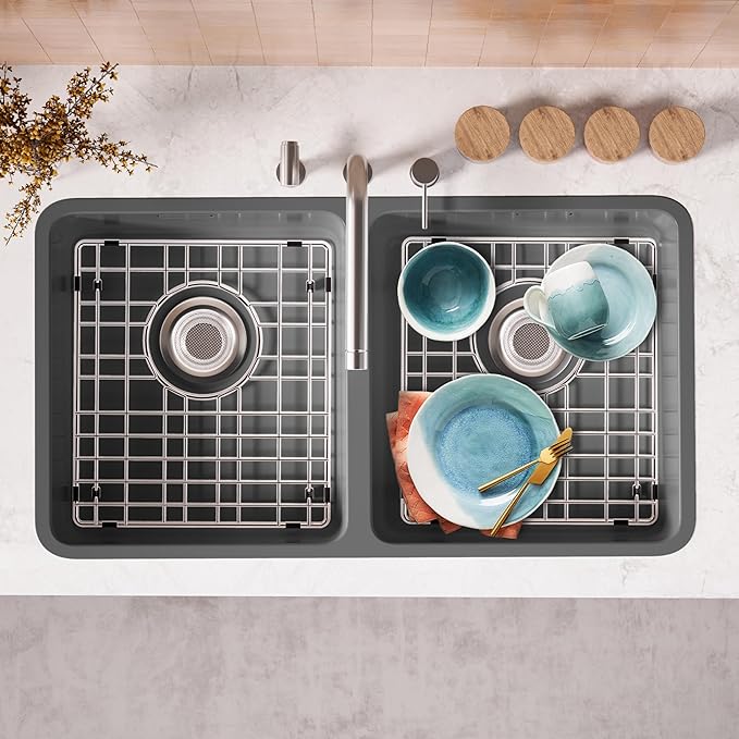 SANNO Kitchen Sink Protectors, 13"X 15" Gird Sink Protector for Kitchen Sink, Grid Sink Protector Kitchen Sink Rack for Bottom of Sink,Rear Drain for Single Bowl, Stainlsee Steel