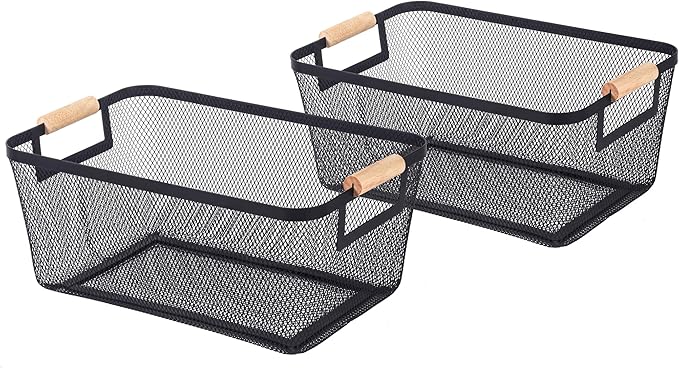 2-Pack Metal Mesh Basket, Large Wire Storage Organizer with Wood Handle for Kitchen Pantry, Bathroom, Cabinet, Closet, Picnic & Home Organization, Large, Black