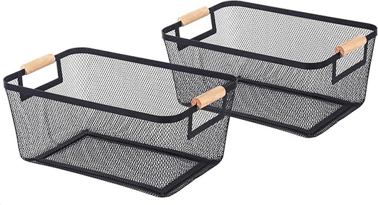 2-Pack Metal Mesh Basket, Large Wire Storage Organizer with Wood Handle for Kitchen Pantry, Bathroom, Cabinet, Closet, Picnic & Home Organization, Large, Black