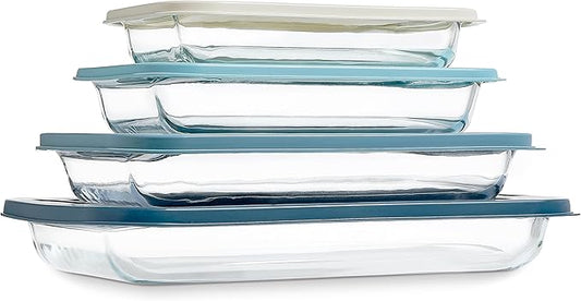 COOK WITH COLOR 8-Piece Deep Glass Baking Dish Set with Plastic Lids – Casserole and Food Storage Containers for Lasagna, Leftovers – Freezer-to-Oven, Microwave & Dishwasher Safe, Blue