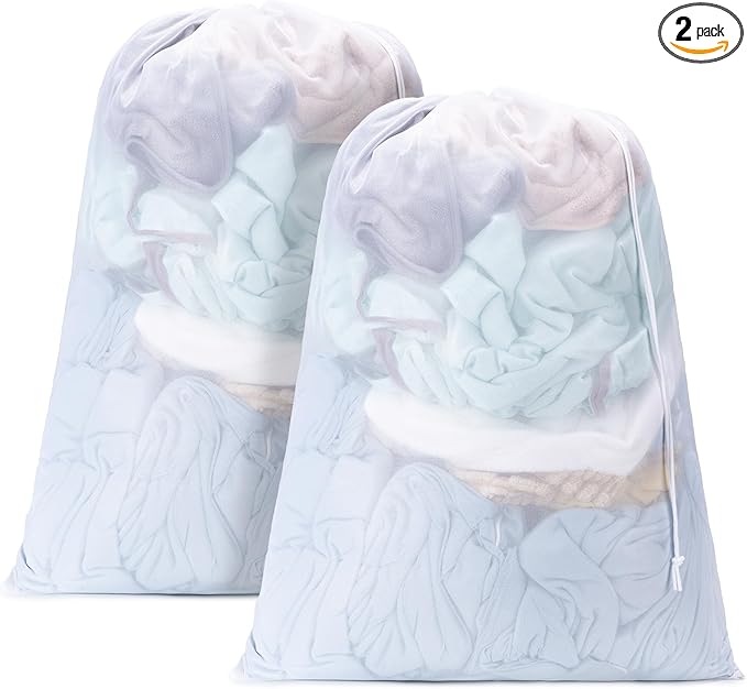 2 Pack Mesh XL Laundry Bags,Machine Washable Dirty Clothes Organizer with Drawstring and ID Tag, Large Laundry Hamper Liner Enough to Laundry Essentials for Travel, Sports(24"x 36",White)