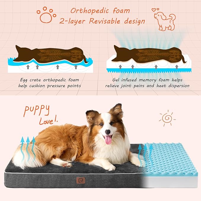 EHEYCIGA Memory Foam Dog Bed Orthopedic 35"x23"，Waterproof Pet Bed for Larged Size Dogs ，Washable Pet Mat with Removable Cover,Dark Grey