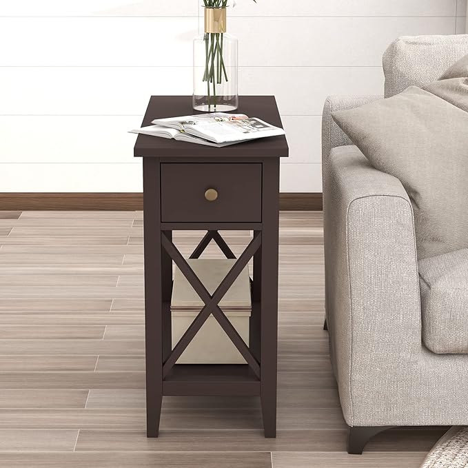 ChooChoo End Table, Flip Top Narrow End Table with Drawer, Accent Small Side Table Nightstand for Living Room, Bedroom, and Small Spaces, Espresso