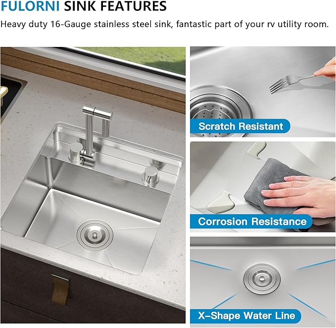 18 Inch RV Kitchen Sink - Fulorni 18"x18" Outdoor RV Camper Mobile Wet Bar Prep Sink Undermount 16 Gauge Stainless Steel Single Bowl Basin with Foldable Faucet