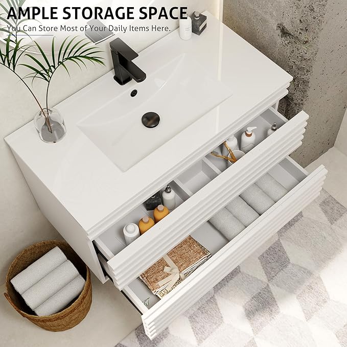 eclife 36" Floating Bathroom Vanity with Sink Combo Mid-Century Wall Mounted Cabinet with Wood Stripes Decor, Drawers, Undermount Sink, Faucet, Drain, Mixed White