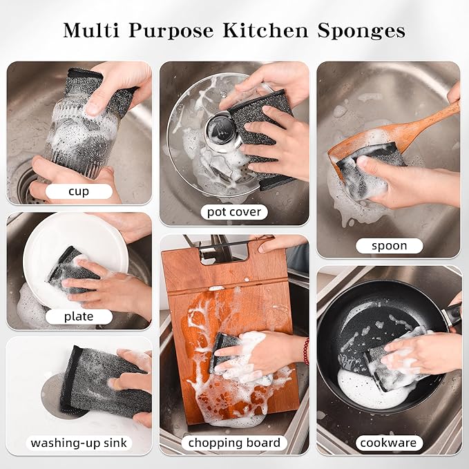 Steel-Wool Dish Sponges Kitchen Scrubbers - 6 Pack Non Scratch Heavy Duty Premium Scrub Sponges，Reusable Multipurpose Metal Cleans for Washing Dishes，Pots and Pans，Household Cleaning，Bathroom（Black）