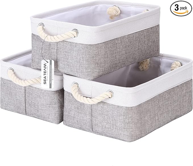 Sea Team 3-Pack Small Storage Basket Set, Storage Cube Organizer, Storage Bins, 12 x 8 x 5 Inches, Rectangle Canvas Fabric Collapsible Shelf Box with Handles for Kids Room (Grey/White)