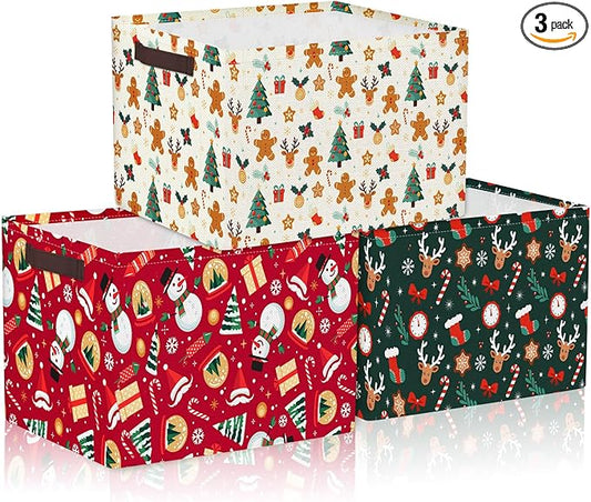 Geelin 3 Pcs Christmas Baskets Storage Gingerbread Christmas Tree Snowman Basket for Gifts Collapsible Waterproof Canvas Xmas Storage Bin Organizer with Handles for Book Closet Shelf Nursery Decor
