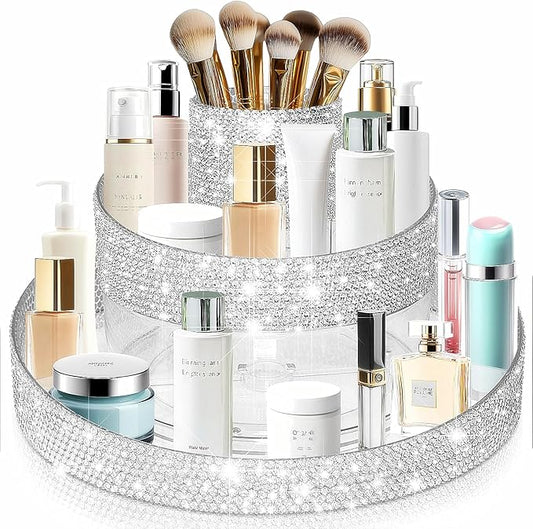 Yivaiks Bling 360 Rotating Makeup Organizer,Shiny Lazy Susan Cosmetic Storage Turntable for Skincare,Perfume & Lipstick,Glitter Round Spinning Tray with Brush Holder for Vanity,Bathroom (10"L x 10"W)