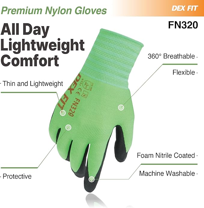 DEX FIT Nylon Work Gloves FN320, 3D Comfort Fit, Power Grip, Lightweight & Breathable, Touchscreen, Gardening, Yard Work, Warehouse, Delivery Driver Gloves; Green 11 (XXL) 3 Pairs