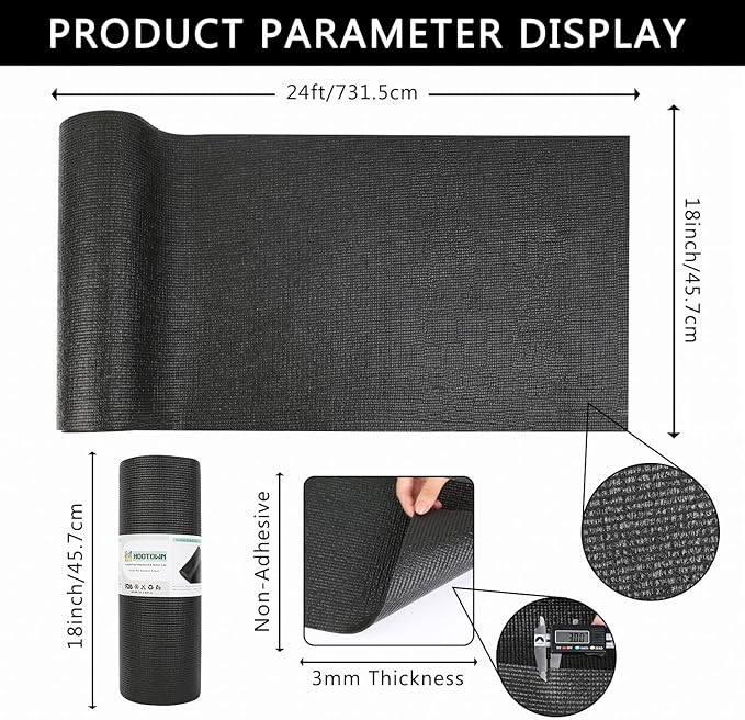 Foam Toolbox Liner Drawer Mat 1/8 Inch Thick X 18 Inch Wide X 24 Ft Long Black, No Slip for Protecting Cabinet, Garage, Cart, Tool Box