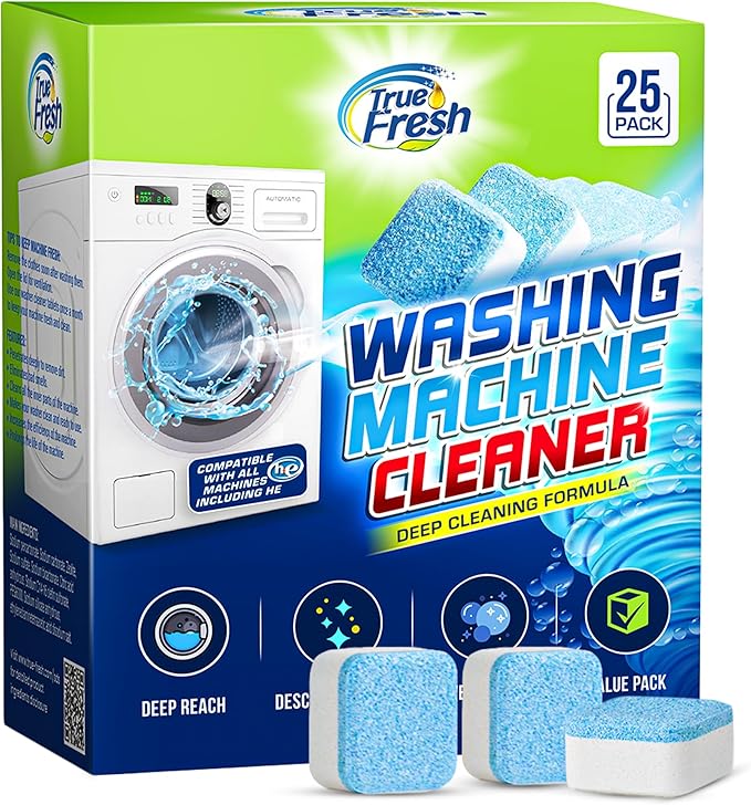 True Fresh Washing Machine Cleaner Tablets 25 Pack for Front Load, Top Loader & HE Washers, Eliminates Odor, Limescale & Grime, Deep Cleans Inside Drum Pump, Valve & Hoses – Septic Safe, 1-Year Supply