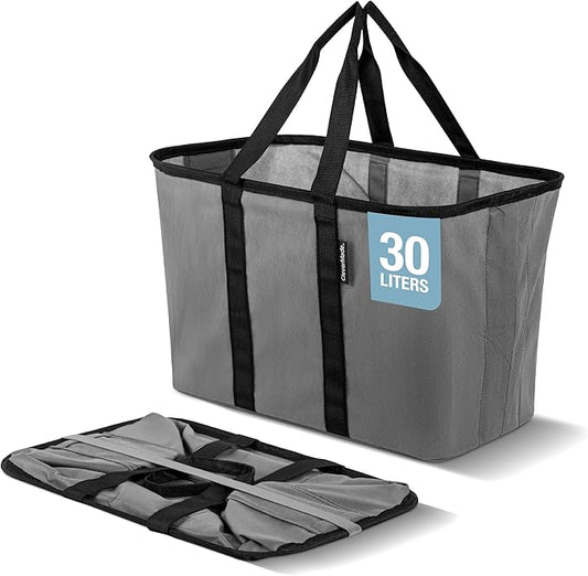 CleverMade EcoBasket 30L Collapsible Tote Basket – Reusable Grocery Tote That Stands Upright, Foldable Shopping Basket for Car Trunk Storage, Heavy Duty Utility Bag, 30 lb Capacity - Gray