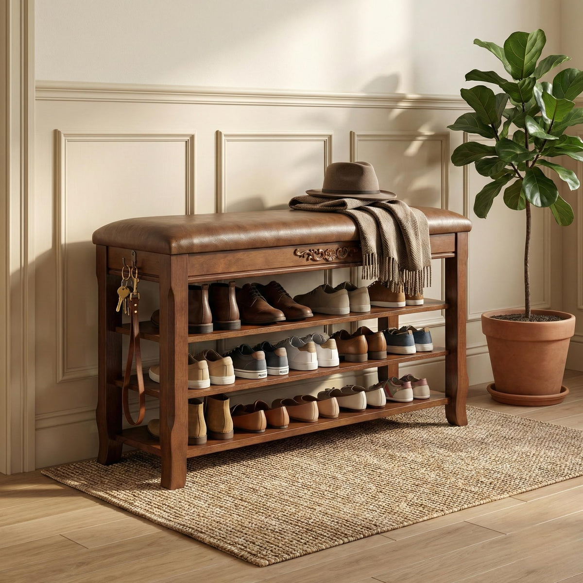 Shoe Rack Bench Entryway Storage with Leather Cushion, 39.4" - Image 1