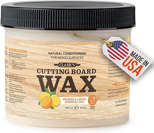 CLARK'S Cutting Board Wax Food Grade - All Natural Butcher Block Conditioner for Wooden Kitchen Utensils - Food Grade Beeswax for Cutting Board (32 Oz, Lemon & Orange)