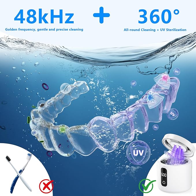 Ultrasonic Retainer Cleaner Machine, Rechargeable Denture Cleaner 4000mAh Battery | 48kHz Ultrasonic Dental Cleaning Pod for Night Guard, Invisalign, Braces, Denture, Toothbrush and Jewelry - White