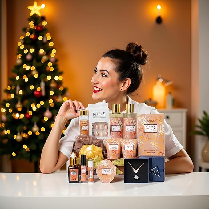 Valentines Day Gifts Luxury Gifts for Women, 16 Pcs Spa Gifts for Woman of Coconut Vanilla Scents Skin Care Kit, Facial Kit with Face Day Cream, Night Cream, Skincare Set in Makeup Storage Box