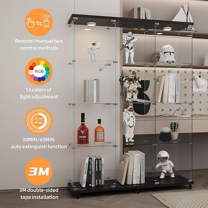 LFT HUIMEI2Y Glass Display Cabinet 12 Shelves with 3 Columns 2 Doors, LED Light and Lock, Extra Large Curio Cabinets Quick-Install Style Tempered Glass Bookshelf for Living Room, Kitchen Black