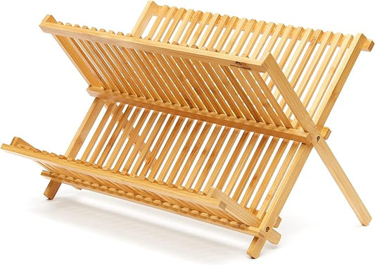 RoyalHouse Premium Natural Bamboo Dish Rack, Collapsible Dish Drainer, Foldable and Compact Dish Drying Rack for Kitchen Counter