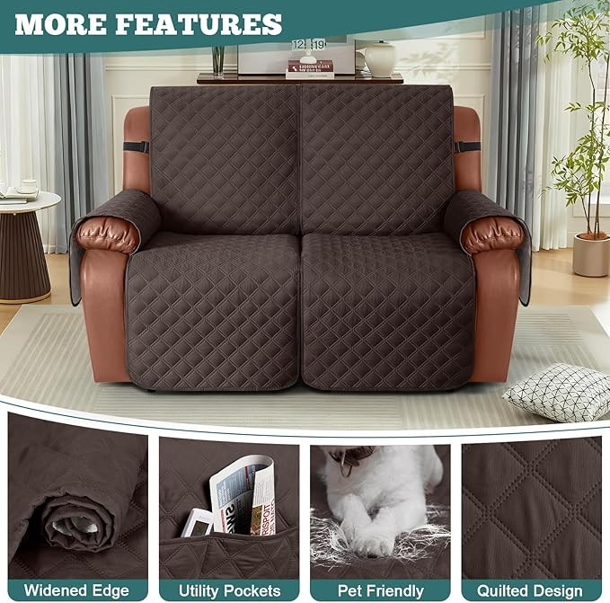 Ruaozz Waterproof Recliner Sofa Covers, 1-Piece Couch Covers for Reclining Couches Reclining Couch Cover Washable Furniture Protector with Elastic Straps Pocket for Kids Pets (Chocolate, XL 2 Seater)