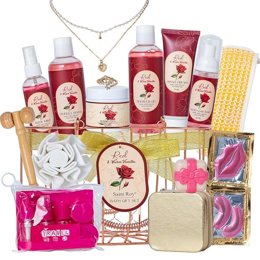 21Pcs Bath and Body Gift for Women, Vanilla Rose Bath and Body Basket Gift, XL Spa Gift Kit, Home Spa Self Care, travel accessories, Necklace, Birthday, Christmas, Mother, Bridal Shower, Anniversary