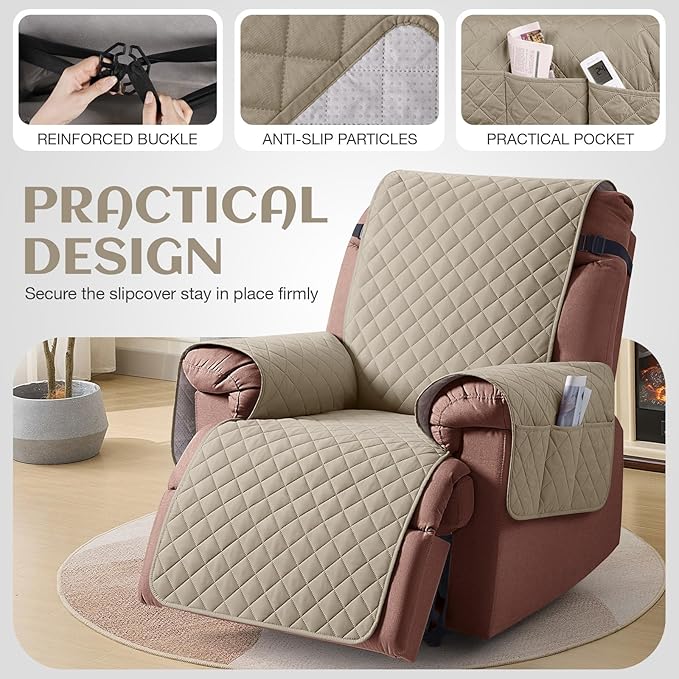 KinCam 100% Waterproof Recliner Chair Cover, Reclining Couch Covers for Pets, Dogs, Recliner Couch Slipcover Furniture Protector with Elastic Straps for Kids(30", Khaki)