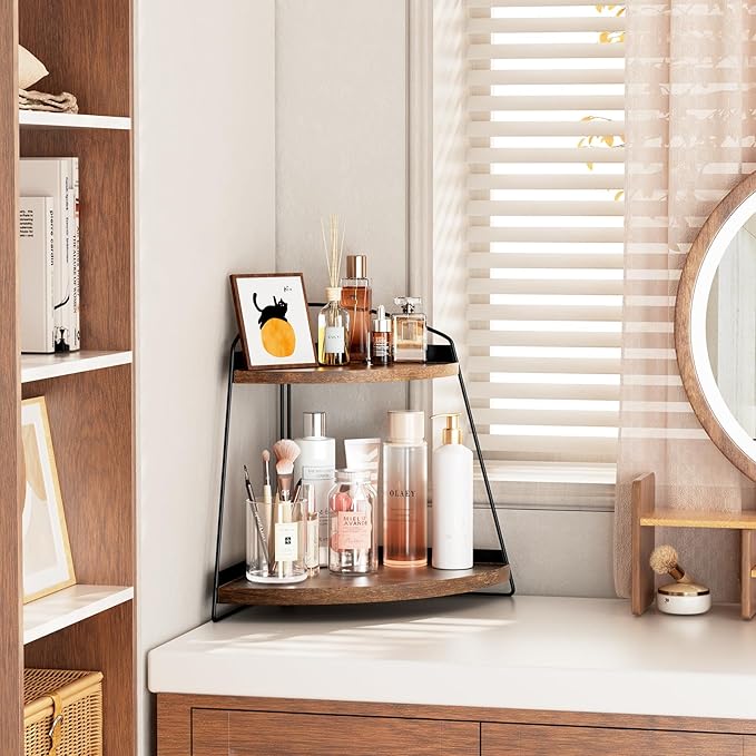 Puricon Bathroom Counter Organizer, 2 Tier Corner Countertop Storage Shelf Bathroom Sink Organizer, Wood Triangle Organization for Skincare Kitchen Vanitity -Brown, 2 Pack
